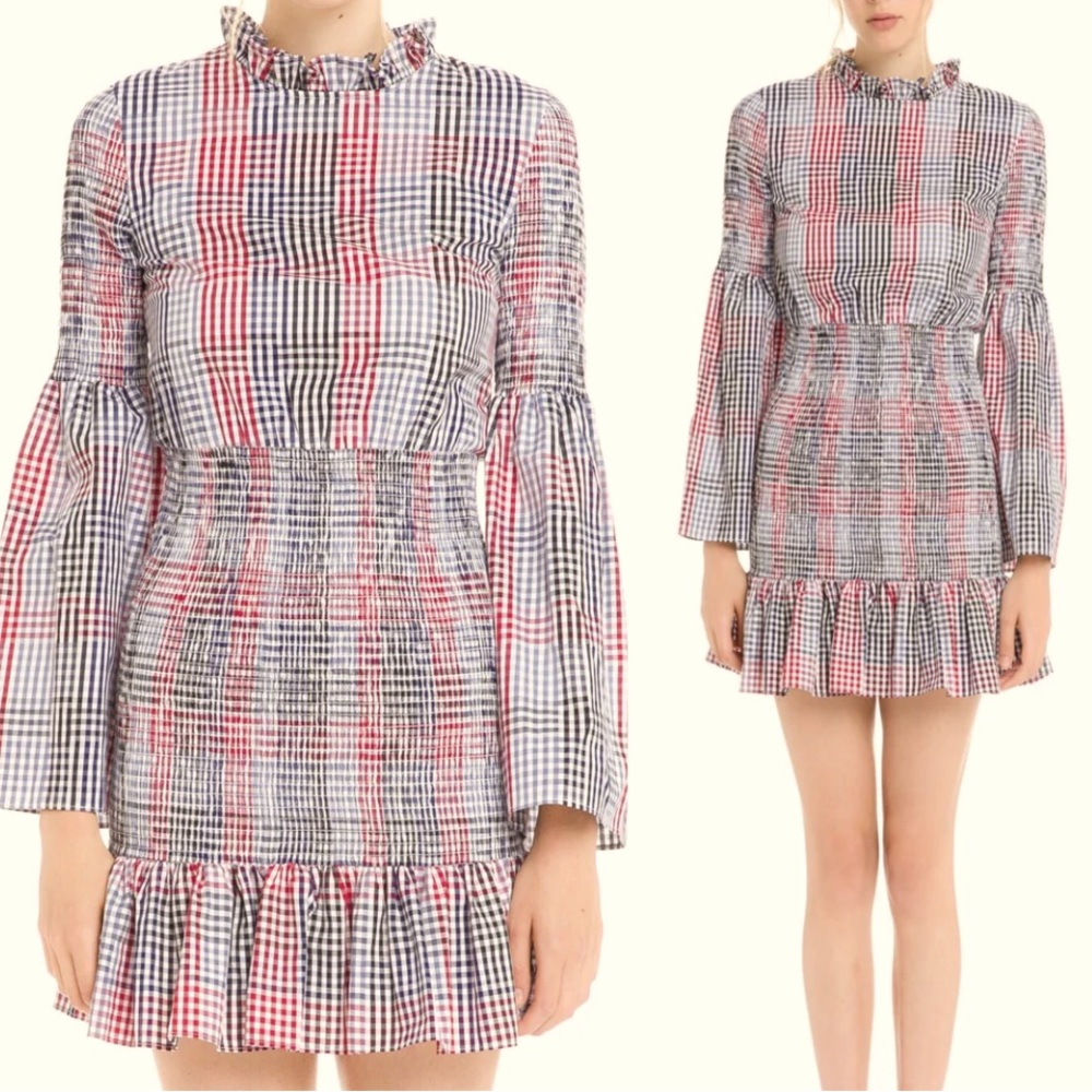 English Factory Gingham Bell Sleeve Smocked Dress Size Large